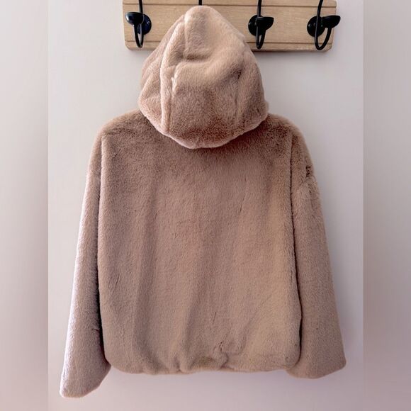 Forever 21 Cozy Light Brown Faux Fur Teddy Bear Zip Up Hooded Bomber Jacket Sz M - Picture 2 of 10